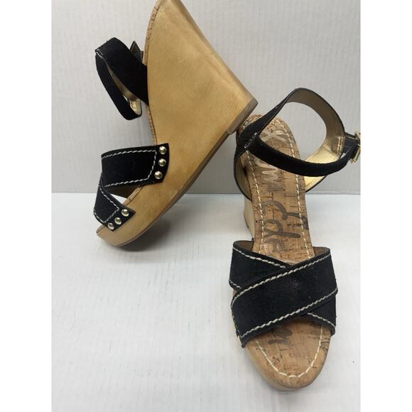 Sam Edelman Wedge Platform Sandals - Black Beige Espadrille, Size 10 GUC - Picture 1 of 7
